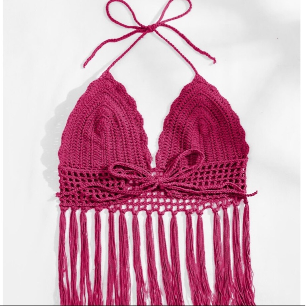 Fuchsia Raspberry Fringe Hem Crochet Tie Top - Picture 4 of 16